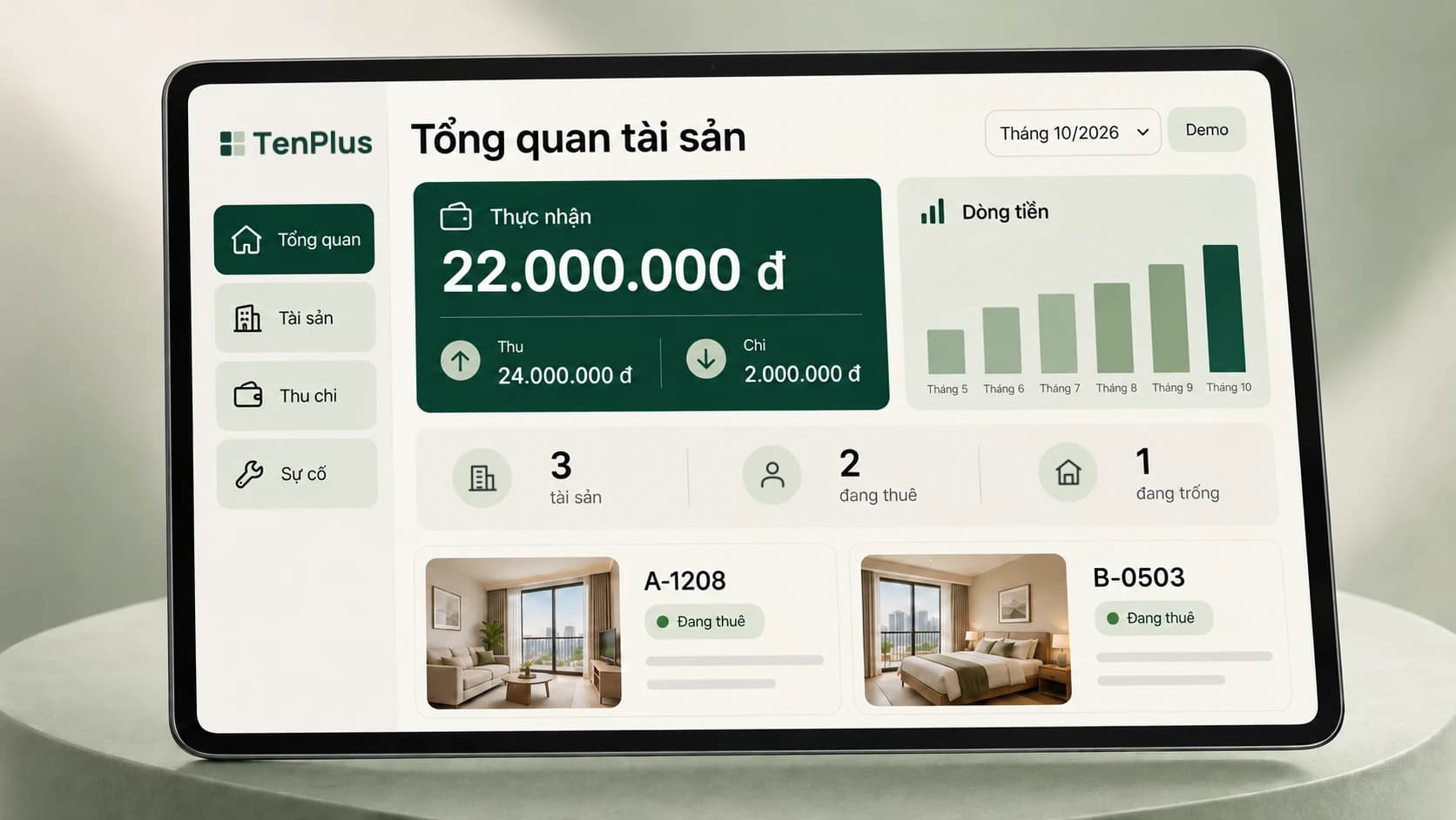 Cổng chủ nhà trên máy tính bảng: tổng quan tài sản, số thực nhận, thu chi và dòng tiền theo tháng (dữ liệu minh họa)